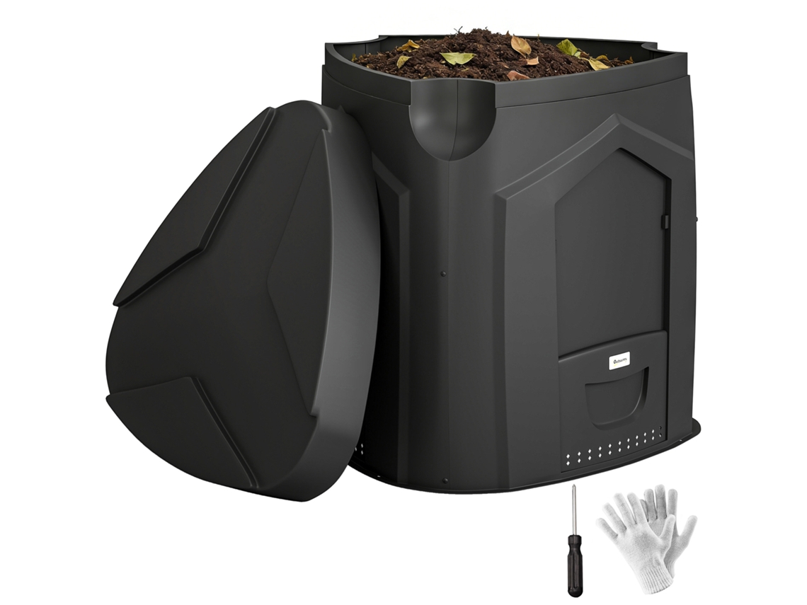 Compostor de Jardim de 240l. Composteira Triangular com 3 Portas. Preto