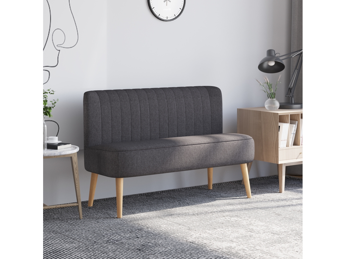 Sofá Compacto Cinza Escuro 2 Lugares, Tecido Com Textura Linho, Sem Braços E Pés De Madeira - 117x56,5x77 Cm