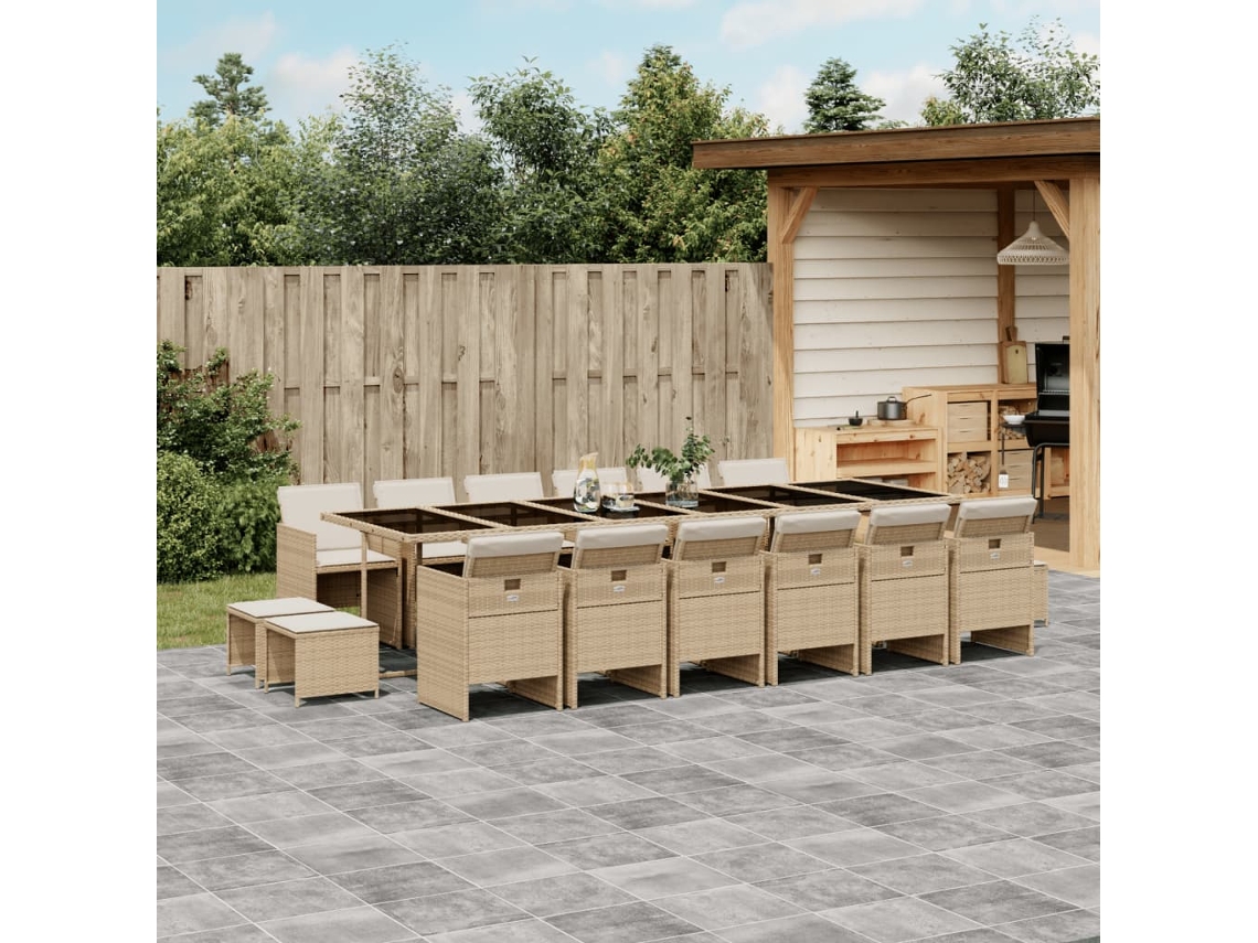 Vidaxl 17 Pcs Conjunto De Jantar P/ Jardim C/ Almofadões Vime Pe Bege