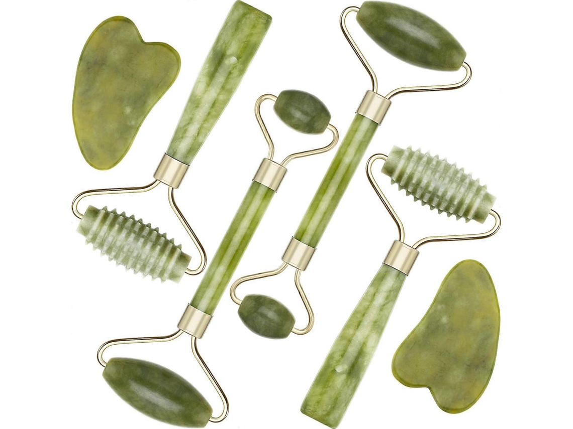 Kit de Rodillos Faciales de Jade com 2 Ferramentas de Gua Sha para Reduzir Olheiras, Rugas e Flacidez no Rosto, Olhos e Corpo