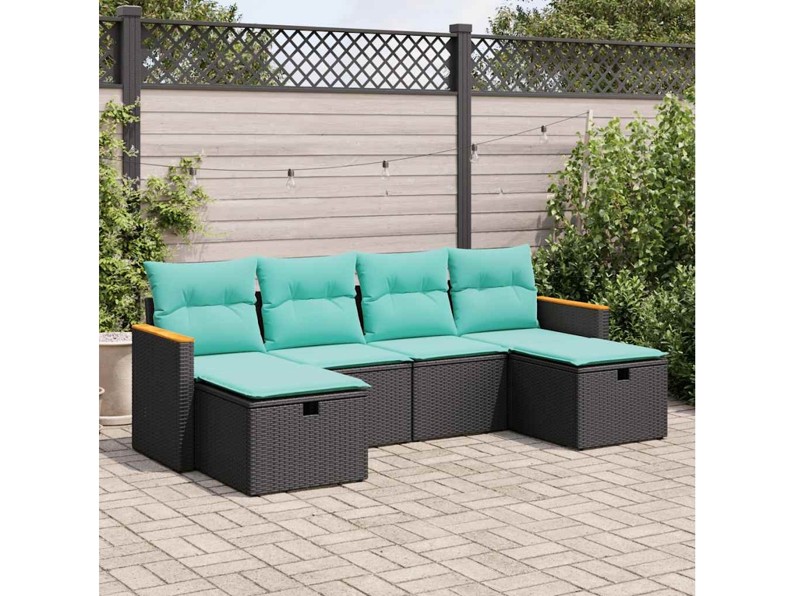 Vidaxl 6 Pcs Conjunto Sofás De Jardim C/ Almofadões Vime Pe Preto