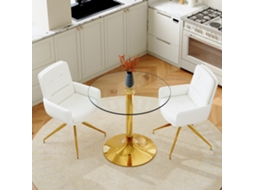 Mesa Vidro 85cm 2 Cadeiras Giratórias 360° Pu Branco Dourado