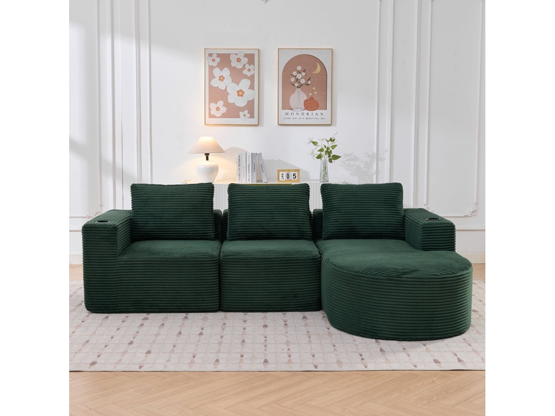 Sofá 3+2 Lugares Compressão Chaise Direita, Veludo Cotelê, Design Curvo NOVELA