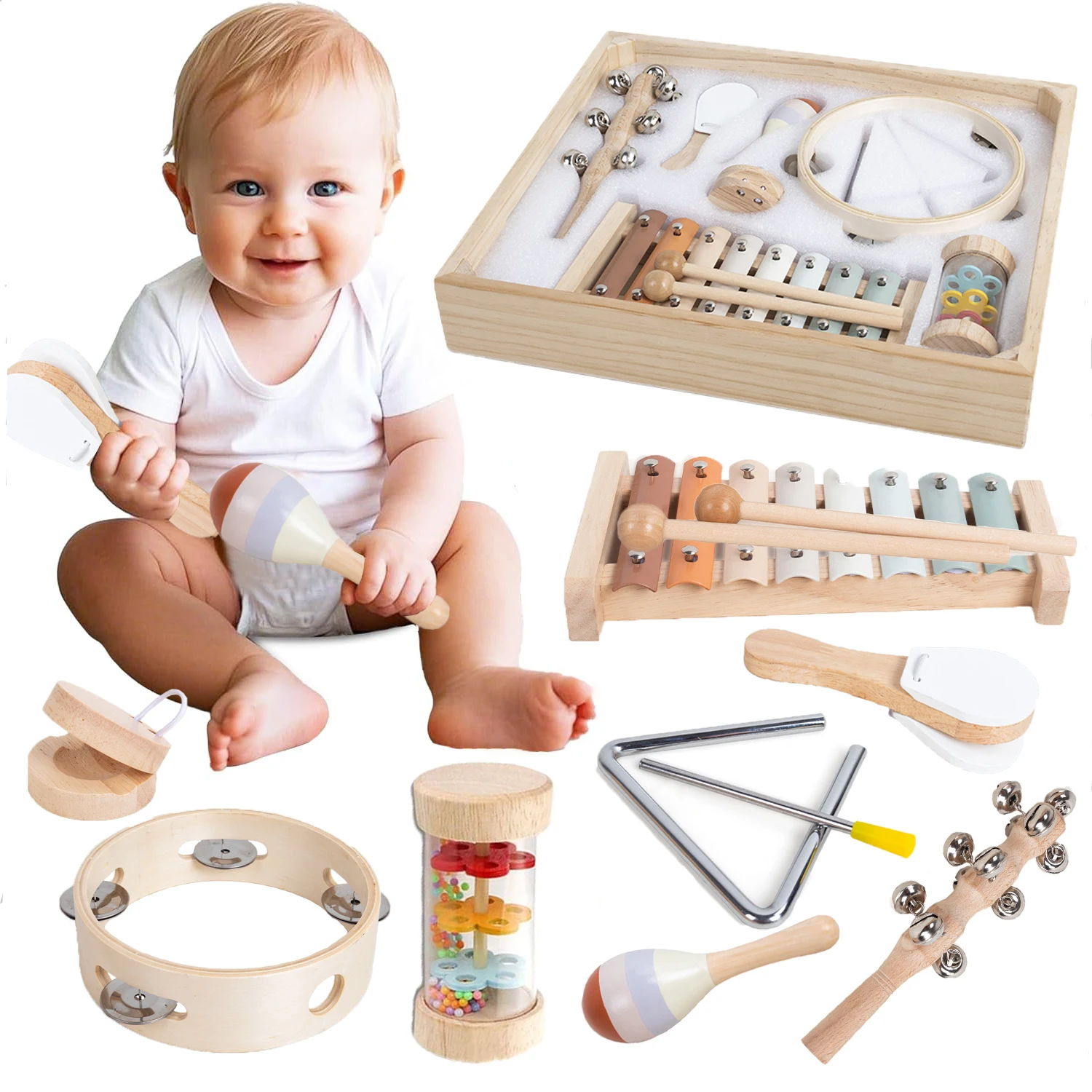 Conjunto De 8 Peças De Instrumentos Musicais Montessori Para Crianças Pequenas, Feitos De Madeira, Um Brinquedo Educativo Pré-escolar Para Bebês.