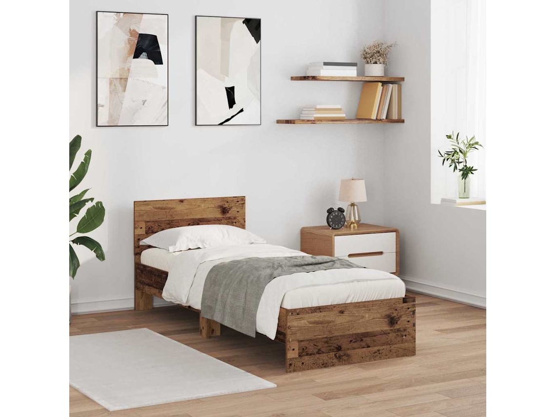 Vidaxl Estrutura Da Cama Com Fitas Led Madeira Antiga 75 X 190 Cm