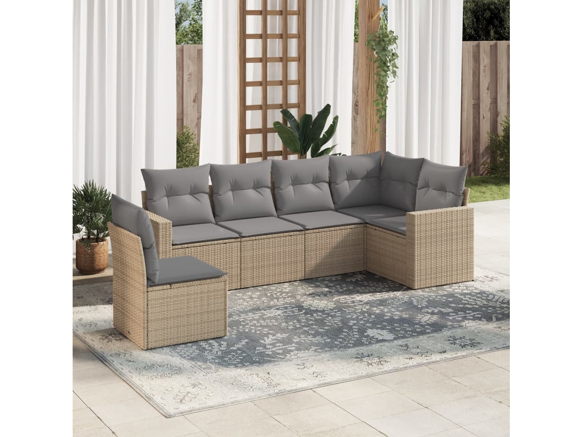 Vidaxl 6 Pcs Conjunto De Sofás P/ Jardim Com Almofadões Vime Pe Bege