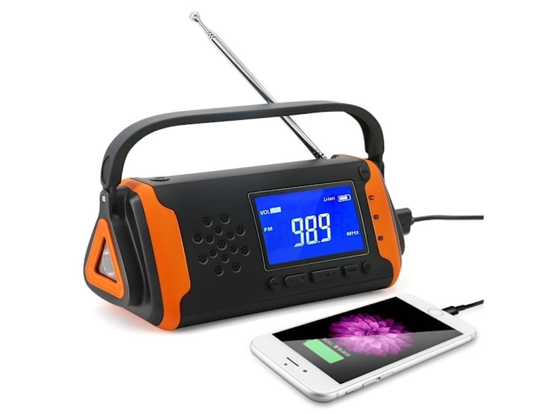 Rádio de emergência Lurelia com bateria externa de 4000 mAh, dínamo, energia solar, lanterna e cabos inclusos.