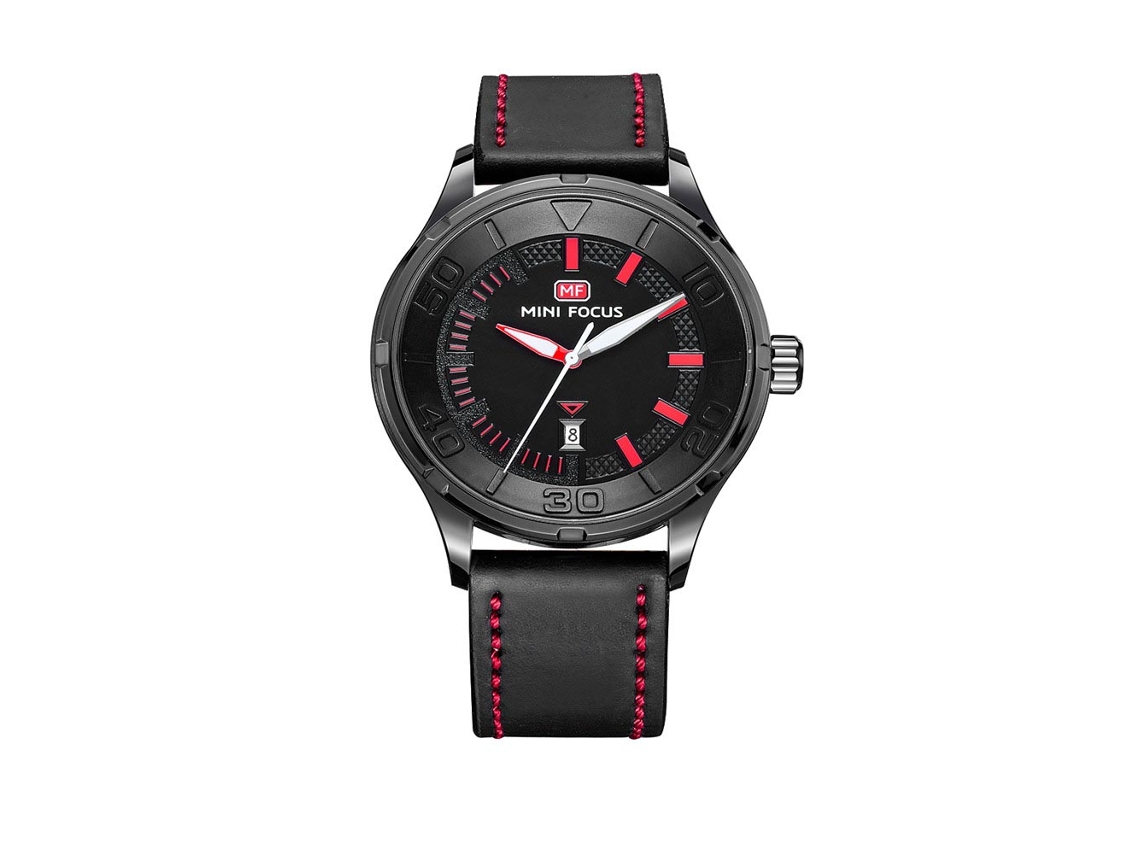 Relógio de pulso masculino analógico de quartzo com pulseira de couro, vermelho e preto.