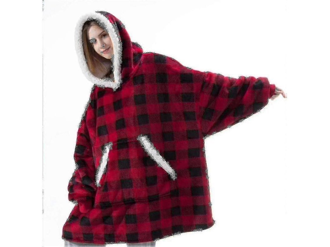 Moletom cobertor oversized com capuz Macia confortável e bolso grande tamanho P (ruigou) xadrez vermelho e preto