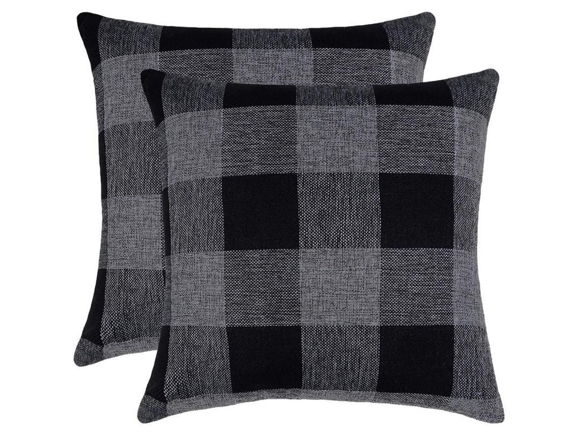 2 Capas De Travesseiro De Quadros Bufalo Rural, Têxtil De Poliéster Linho, 45x45cm, Azul Marinho Preto Cinza