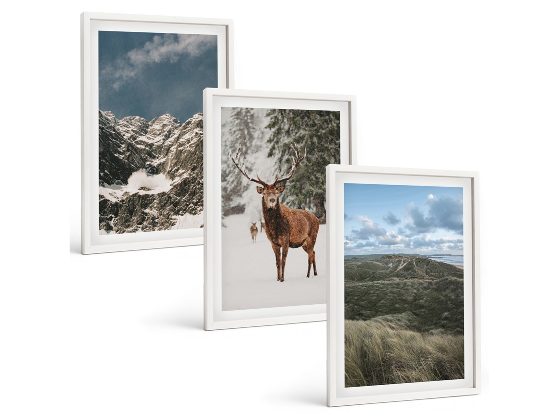 Conjunto De Pinturas Montanhas, Neve, Veado, Paisagem De Floresta Espelharte (3 Peças 40x60 Cm)