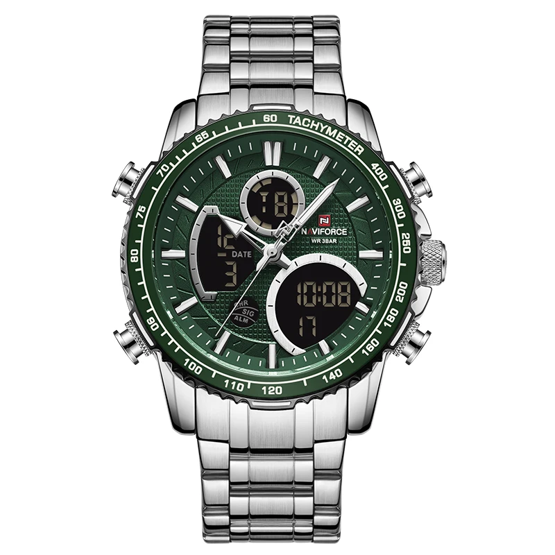 Relógio Masculino (verde Prateado) Com Pulseira De Aço Inoxidável, Resistente À Água, Cronógrafo Esportivo E Exibição Da Data.