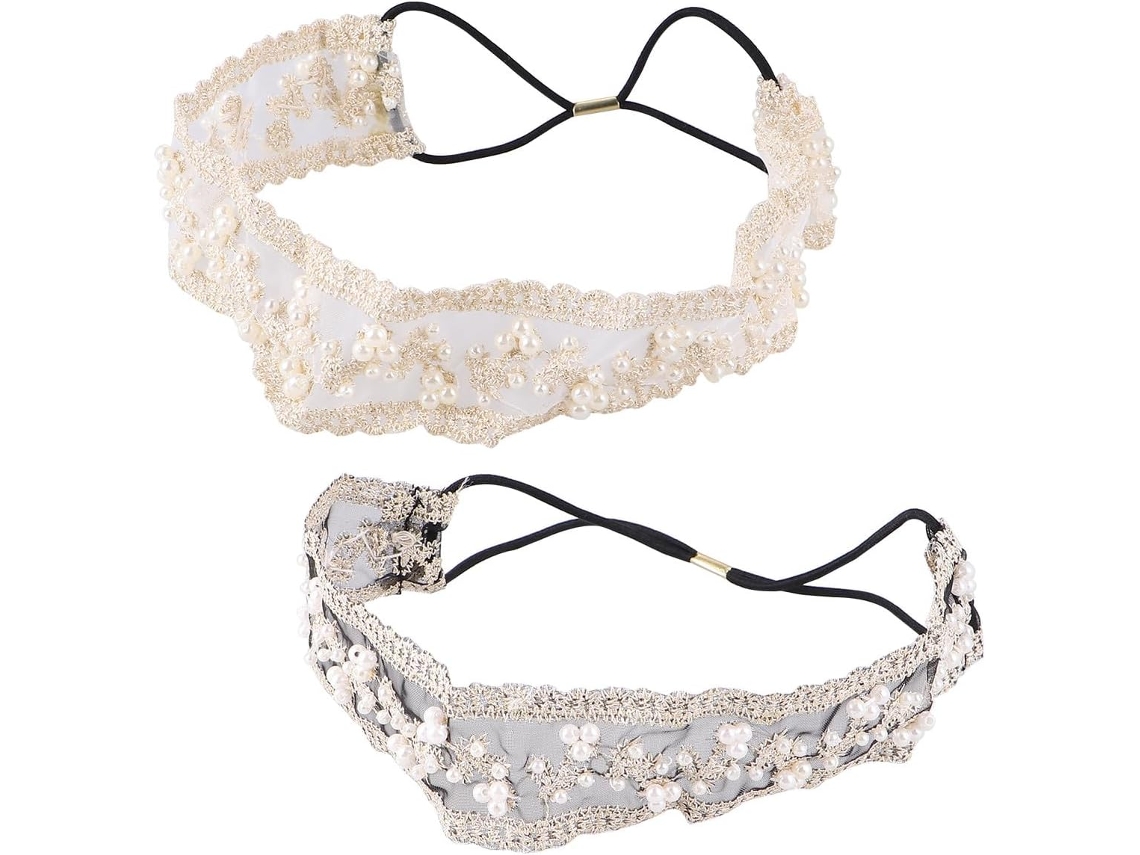 Conjunto de delicadas tiaras com contas elásticas e elegantes acessórios para cabelo.