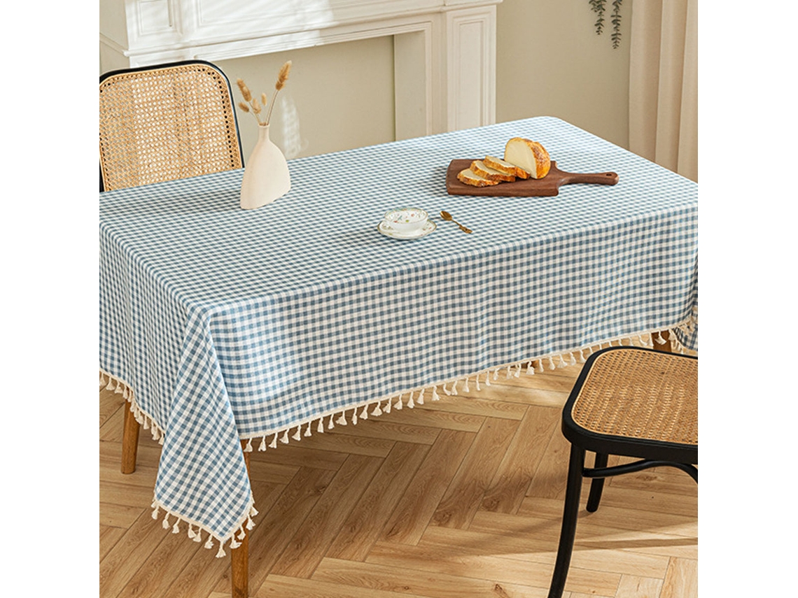 Toalha de Mesa Pastoral Retangular de Renda com Borla Xadrez de Algodão e Cânhamo para Casa de Fazenda Retângulo 55 X 70 Pol. Azul Claro
