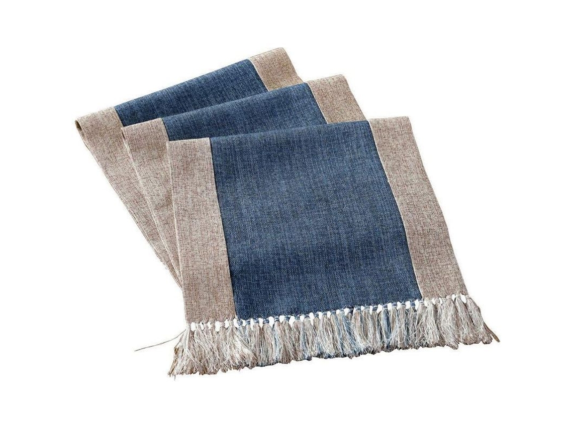 Mantel de Mesa Rústico Lavável 15x71 Polegadas Azul para Sala de Estar com Frunços e Antiderrapante