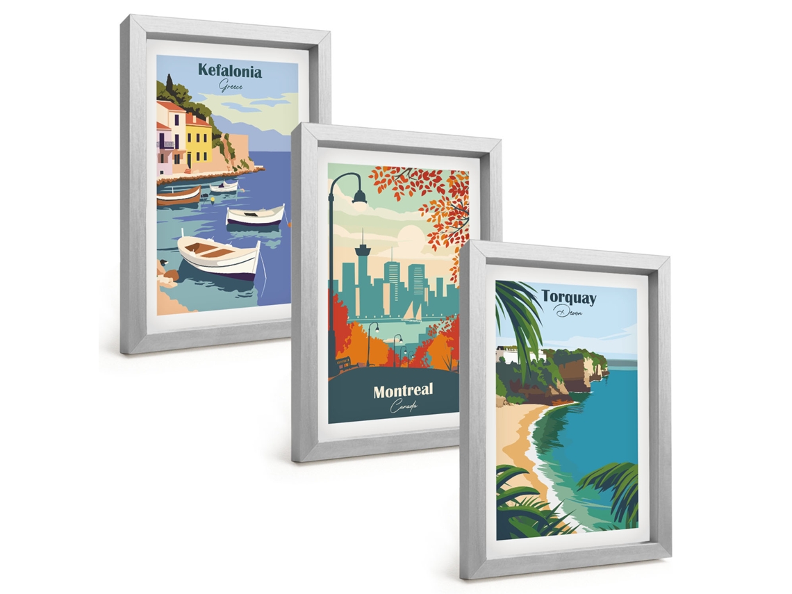 Galeria De Pinturas Muraisvistas Urbanas Da Grécia, Canadá E Austrália Moldura Prateada Fotos Para O Escritório Espelharte (3 Peças 20x30 Cm)