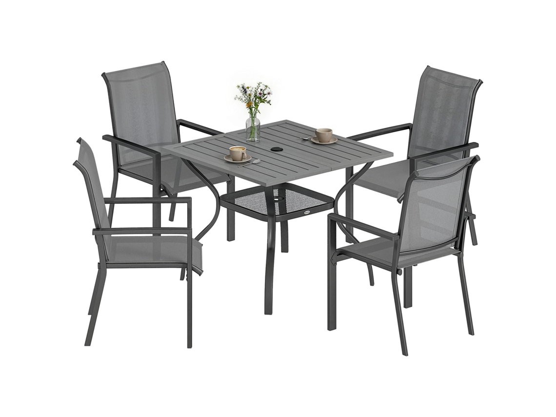 Conjunto de jardim de aço 5 peças, 4 cadeiras empilháveis, mesa com buraco, prateleira, cinza | S/MARCA