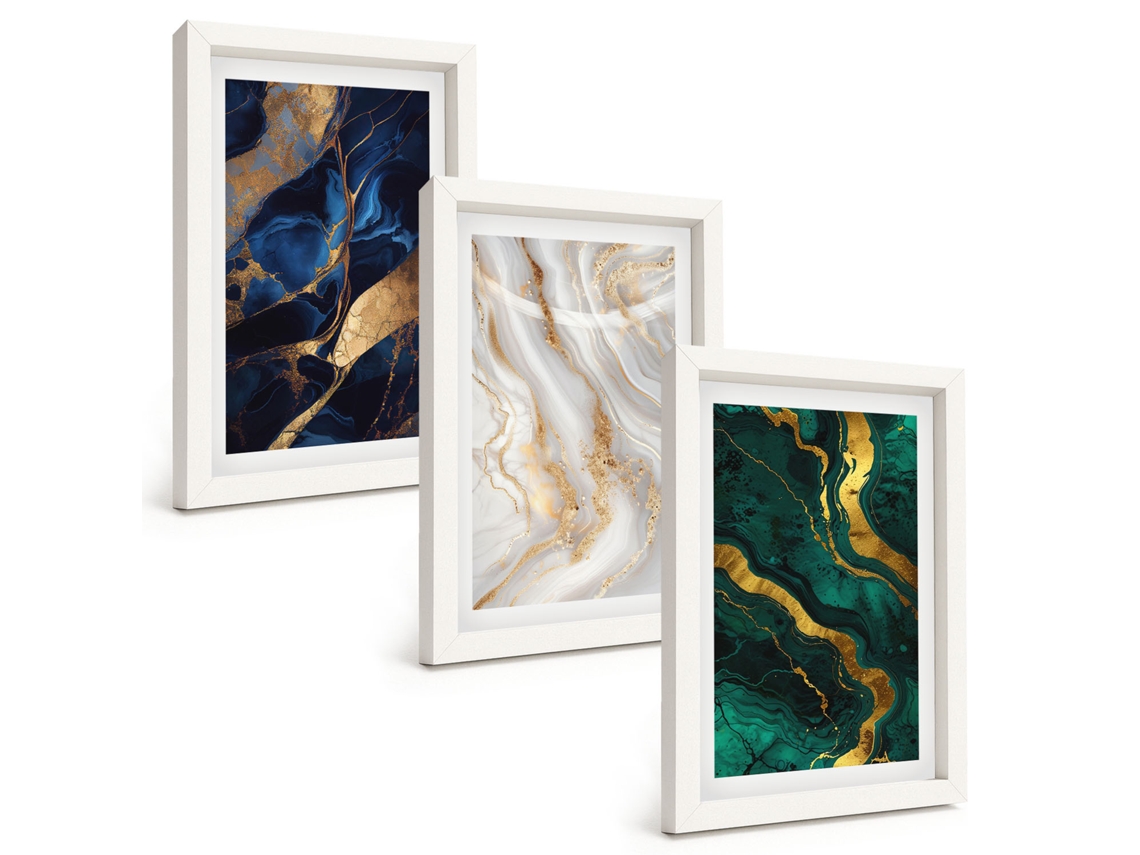 Composição De Quadros Na Parede Padrões Abstratos Em Azul E Verde Moldura Branca Quadros Para A Sala De Estar Espelharte (3 Peças 20x30 Cm)
