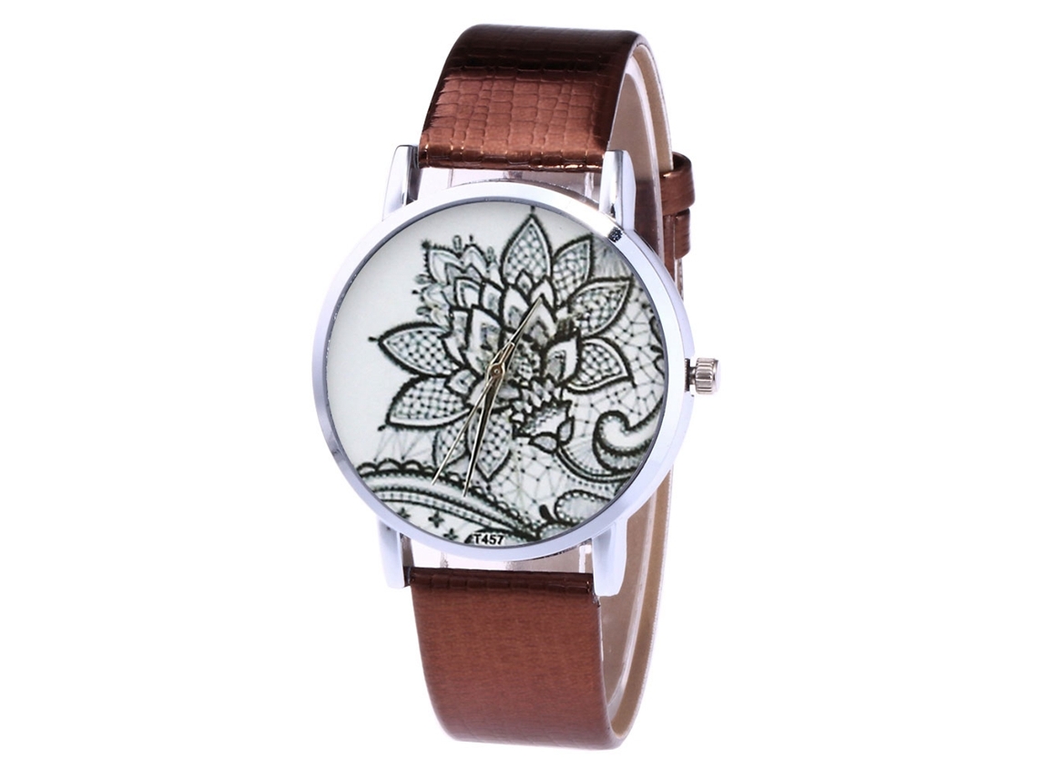 Reloj De Cuero Pu Unisex Con Patrón Floral Quartzo Zhoulianfa Café