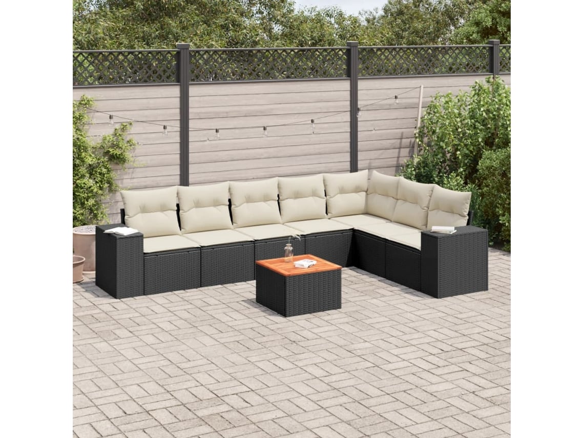 Conjunto 8 Pcs Sofás de Jardim com Almofadões Vime Pe Preto PANGSHIYUAN
