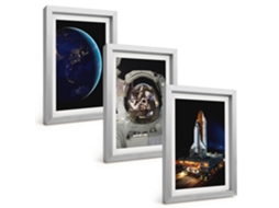 Conjunto De Pinturasespaço, Terra, Astronauta E Foguete Moldura Prateada Quadros Para A Sala De Estar Espelharte (3 Peças 20x30 Cm)