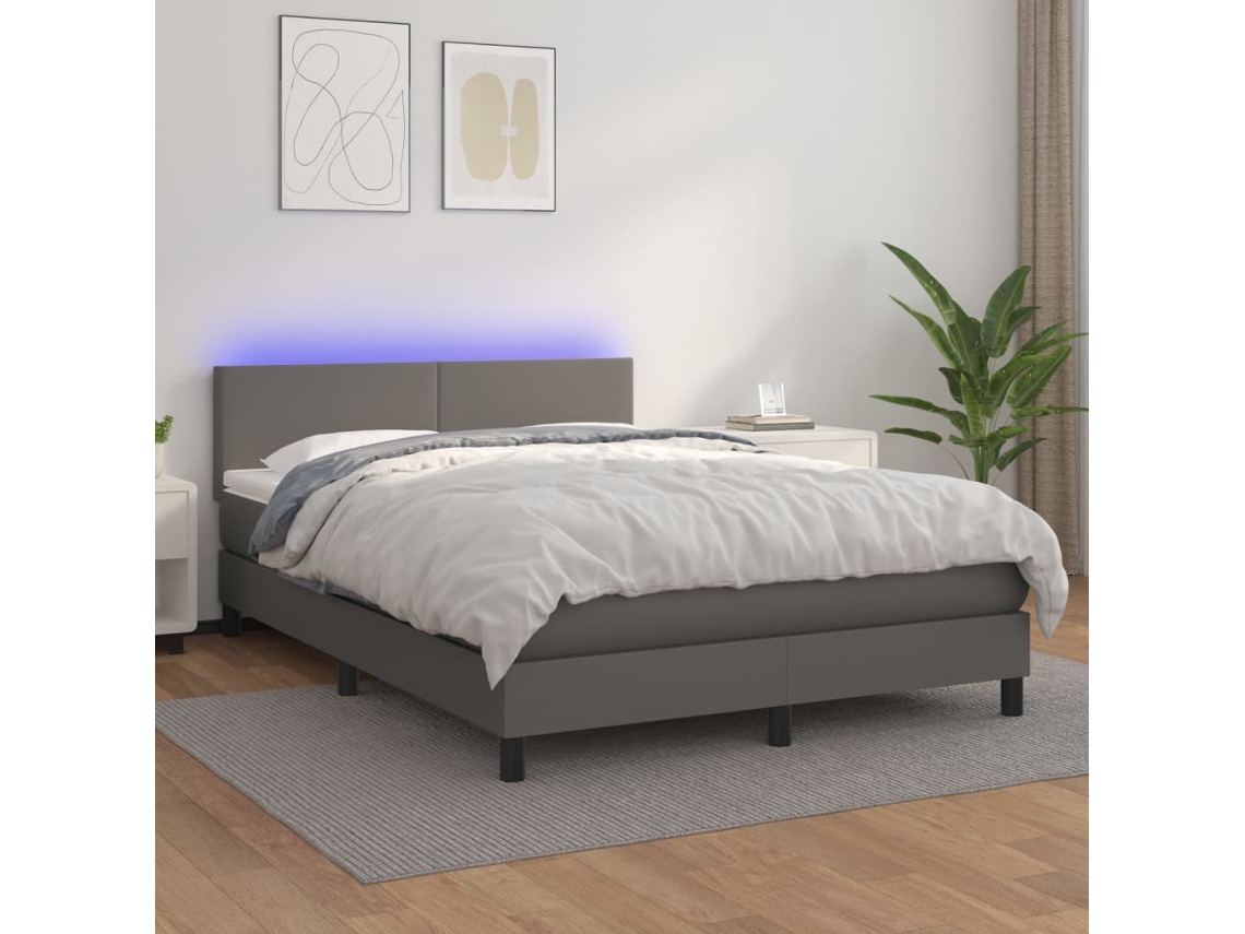 Vidaxl Cama Box Spring C/ Colchão/led 140x200cm Couro Artificial Cinza
