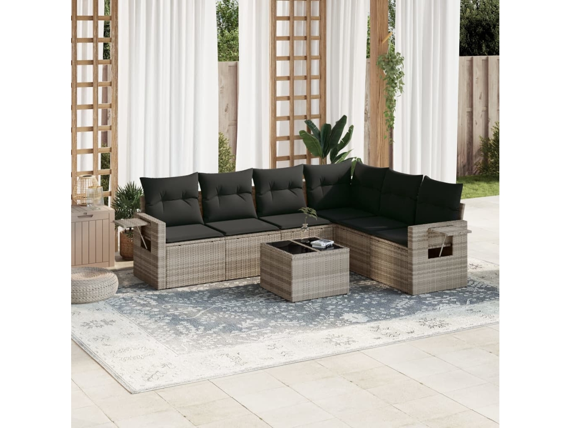 Vidaxl 7 Pcs Conj. Sofás Jardim Com Almofadões Vime Pe Cinzento-claro