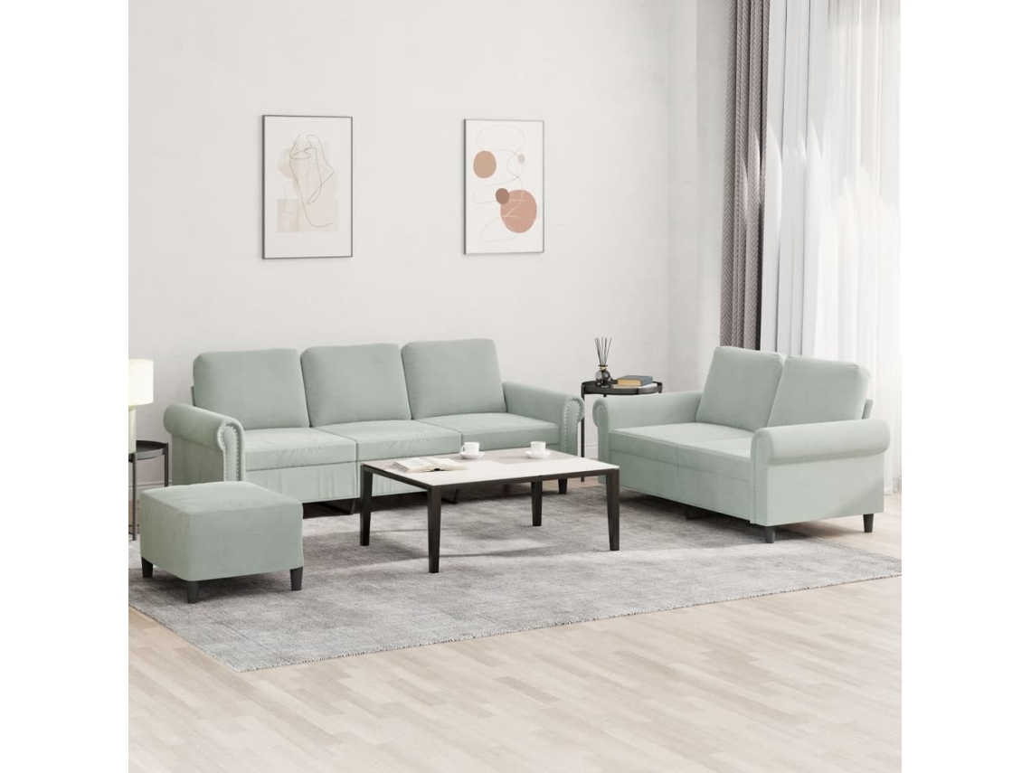 Vidaxl 3 Pcs Conjunto De Sofás Com Almofadões Veludo Cinzento-claro