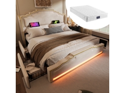Cama Estofada 160×200, Cama De Casal Com 4 Gavetas, Iluminação Led E Porta De Carregamento Usb-c, Cama De Arrumação E Cama Jovem Com Estrado De Rip