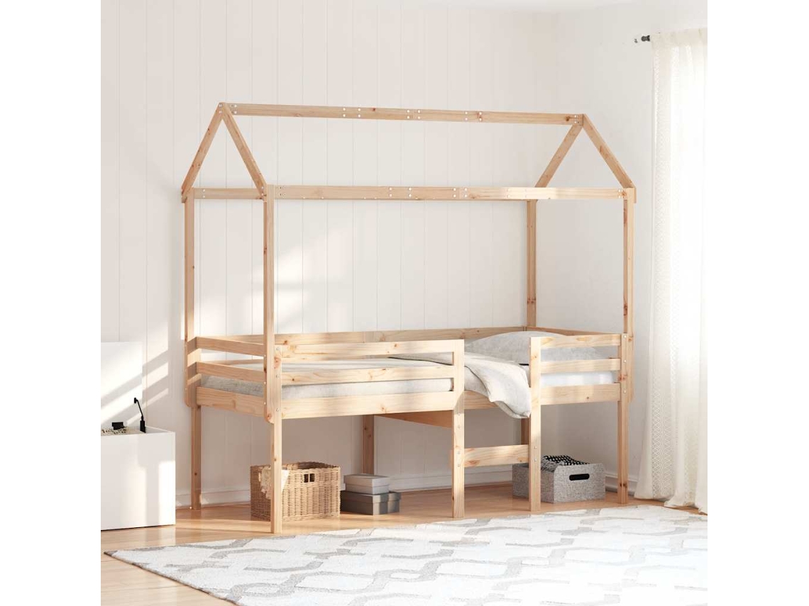 Vidaxl Cama Alta Com Telhado 90x200 Cm Pinho Maciço