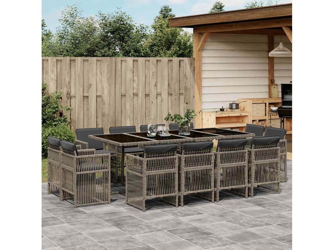 Vidaxl 13 Pcs Conjunto Jantar P/ Jardim C/ Almofadões Vime Pe Cinzento