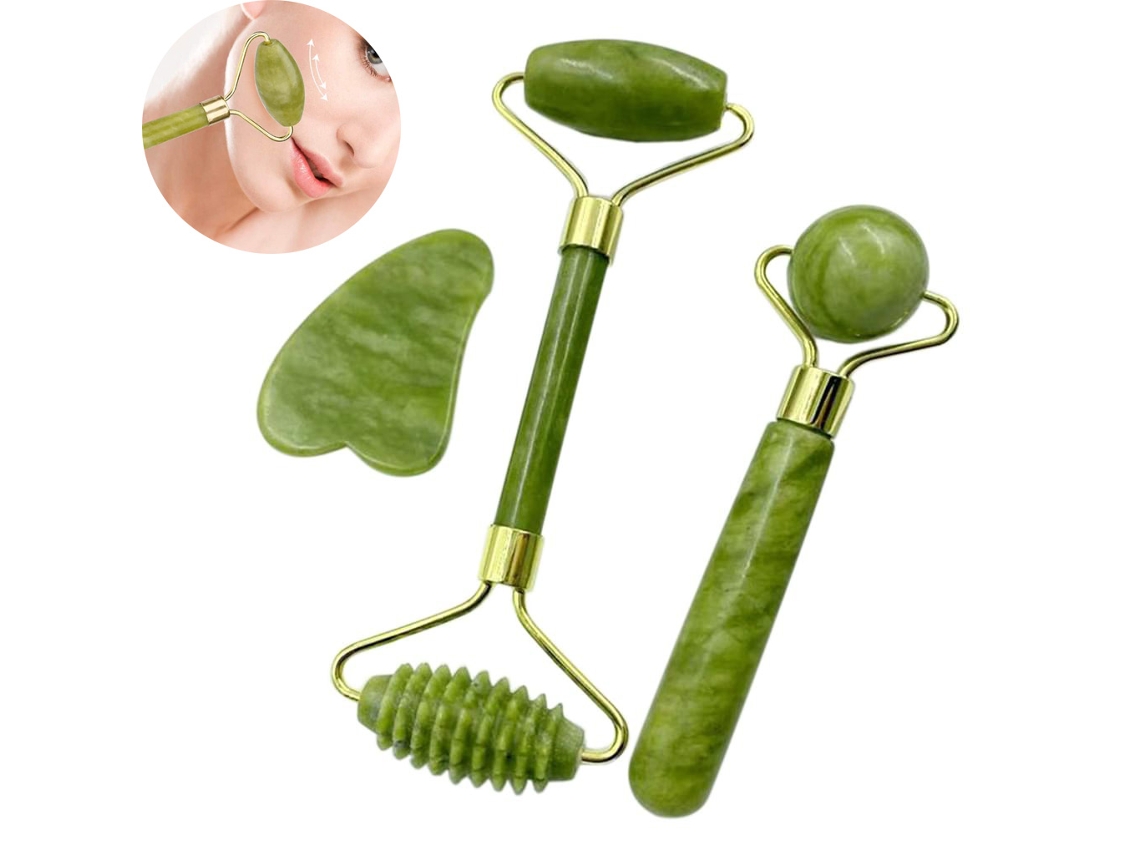 Jade Roller de 3 Peças Natural Jade Face Roller Jade Stone Roller Massager Jade Roller e Gua Sha Set Anti Aging Cold Therapy Beauty Slimming