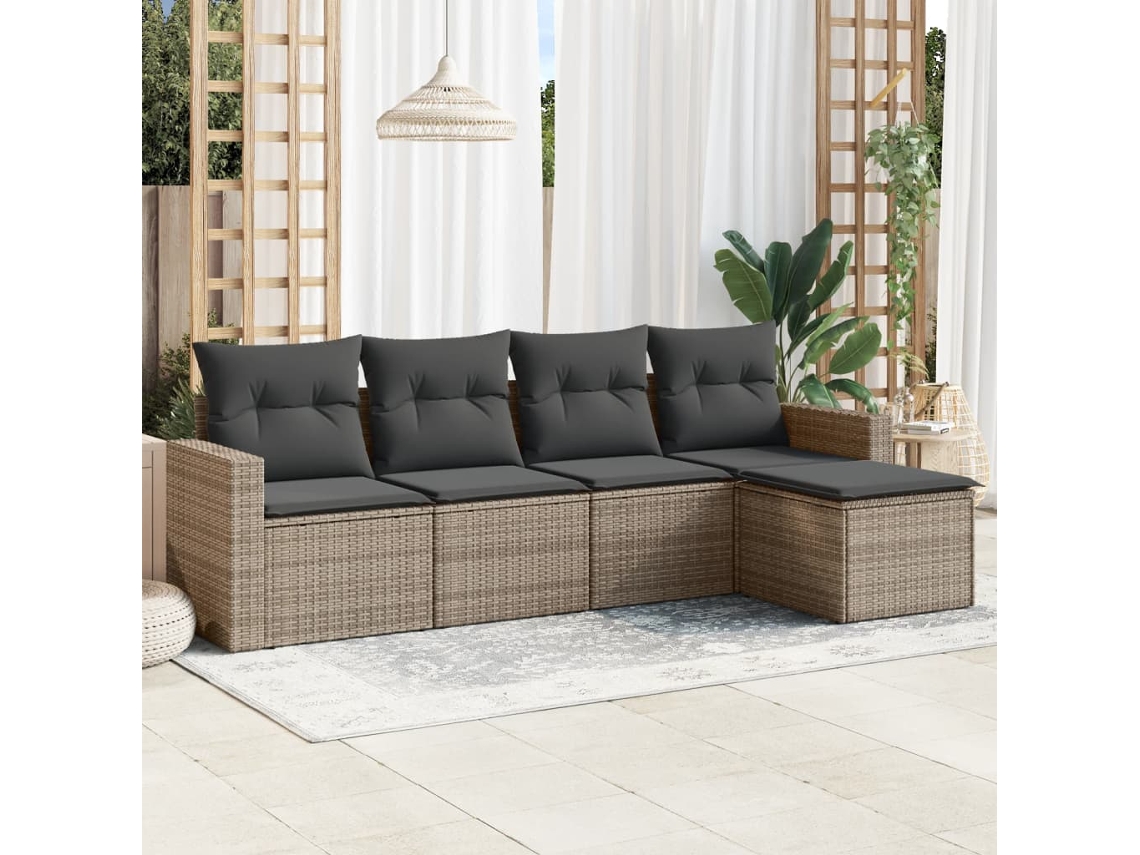 Vidaxl 5 Pcs Conjunto Sofás De Jardim C/ Almofadões Vime Pe Cinzento