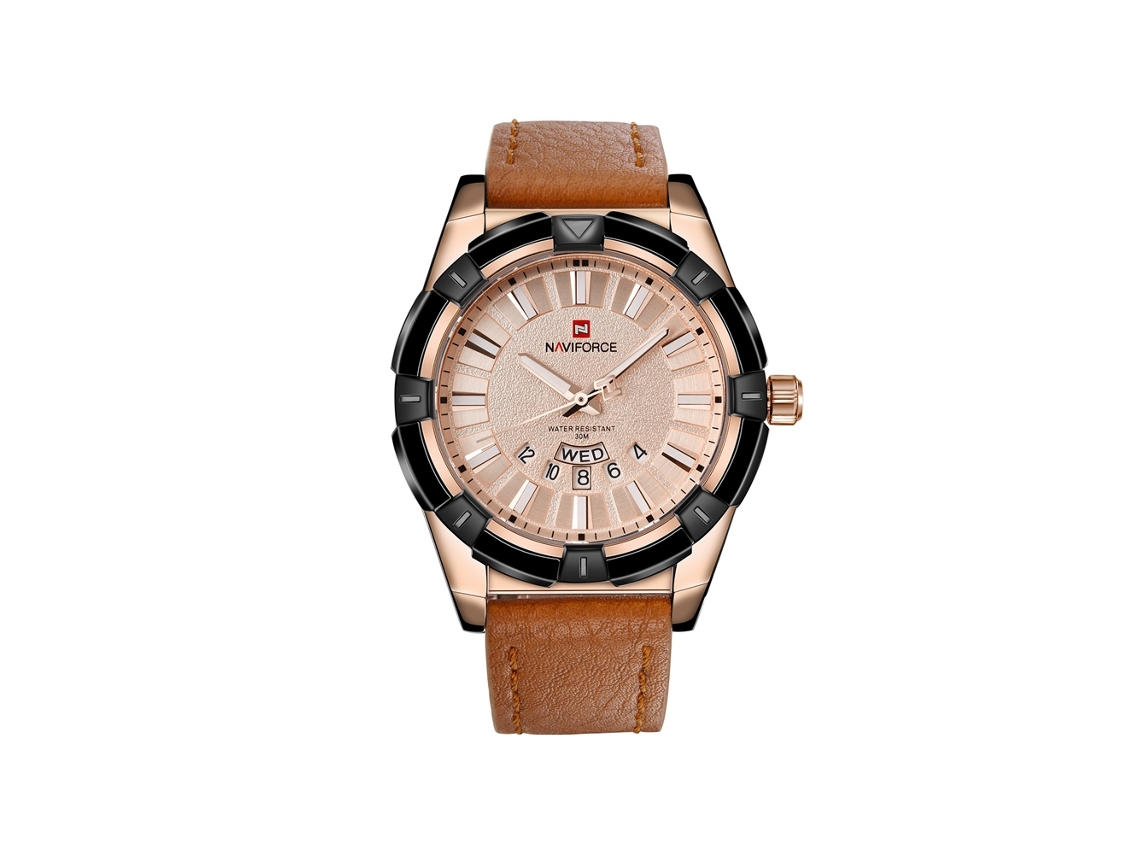 Relógio de Pulso Masculino Naviforce Resistente À Água de Quartzo com Pulseira Pu (dourado Rosa)