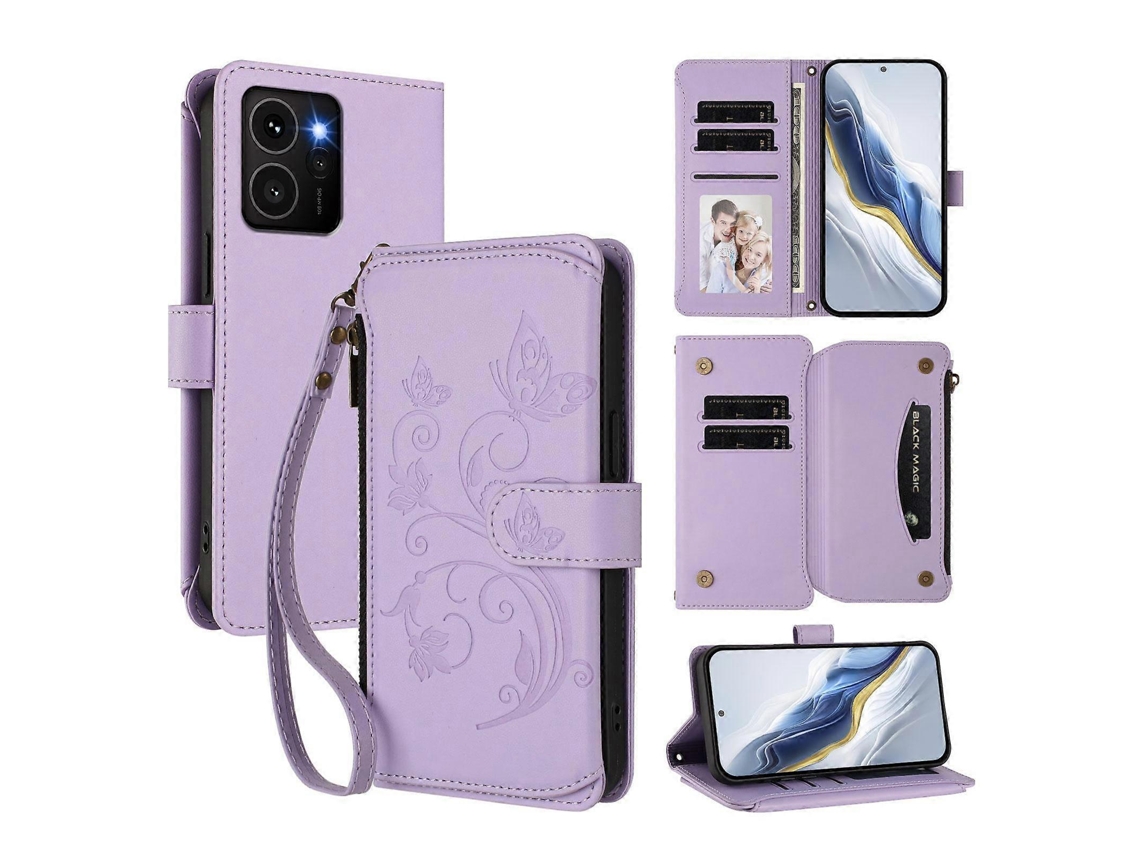 Capa De Celular De Couro Com Zíper E Várias Carteiras Com Estampa De Borboleta E Flor