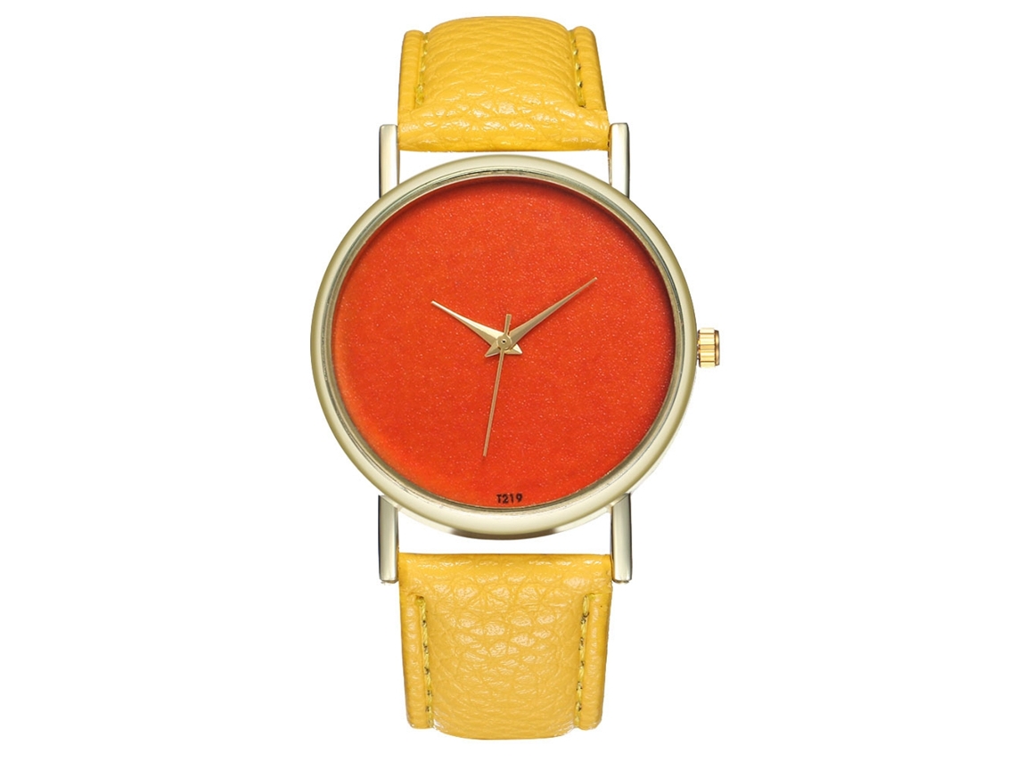 Relógio casual de quartzo para mulheres e meninas com mostrador laranja e pulseira de couro PU amarela simples e elegante.