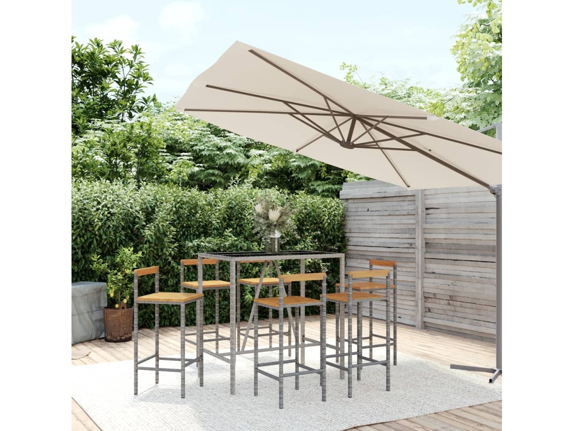 Vidaxl 7 Pcs Conjunto De Bar P/ Jardim Vime Pe/acácia Maciça Cinzento
