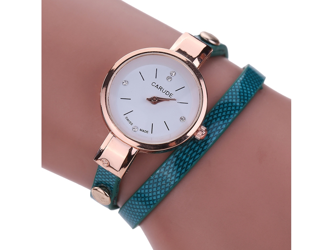 Relógio de Pulso Feminino de Moda com Pulseira de Couro Pu Estrela Strass Azul Claro