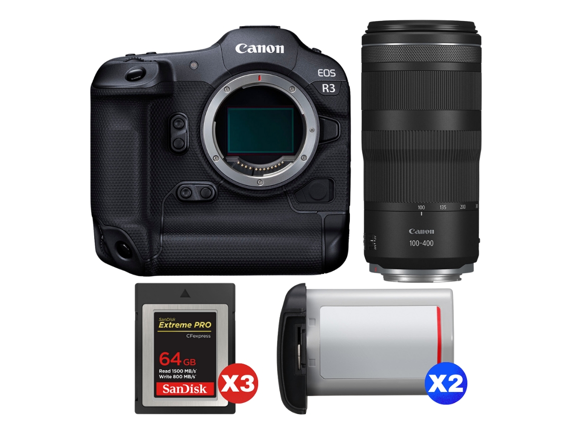 Eos R3 + Rf 100 400mm F/5.6 8 Is Usm + 3 Sandisk 64gb Extreme Pro Cfexpress Type B + 2 Canon Lp e19 + Ebook Pricedirect CANON