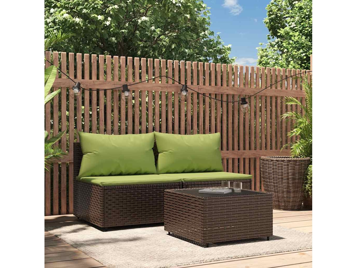 Vidaxl 3 Pcs Conjunto Lounge Jardim C/ Almofadões Vime Pe Castanho