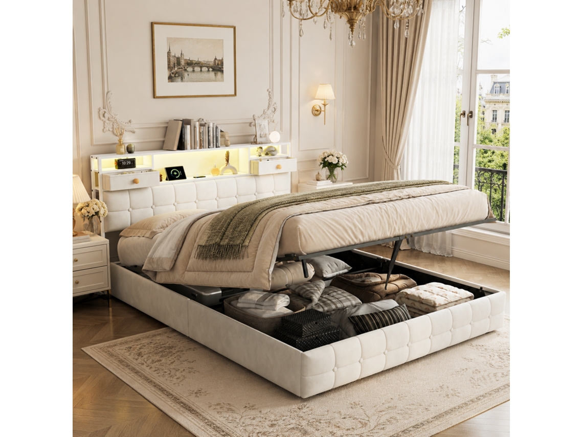 Cama Estofada 160x200 Cm, Com Espaço De Arrumação, Iluminação Led E Posto De Carregamento, Cómoda Hidráulica, Com Gaveta Na Cama, Bege, Mexus