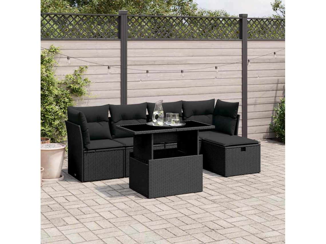 Vidaxl 6 Pcs Conjunto Sofás De Jardim C/ Almofadões Vime Pe Preto