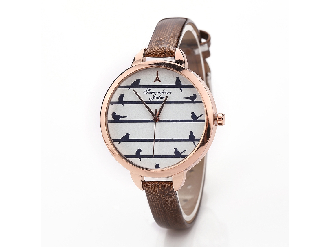 Relógio Feminino Pulseira Pu Thin Striped Dial Slim Alloy Quartz Wristwatch Marrom