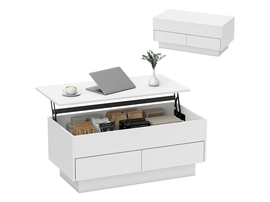 Mesa De Centro Elevável Com Compartimento Oculto E 2 Gavetas 100 X 50 X 44 Cm, Branca