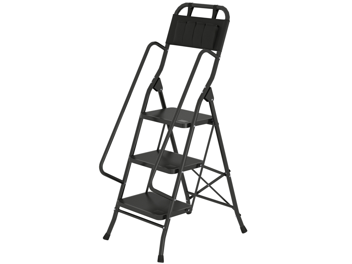 Escada Dobrável Com 3 Degraus Com Apoio Para Os Braços E Suporte Para Ferramentas 49x66x136 Cm Preto