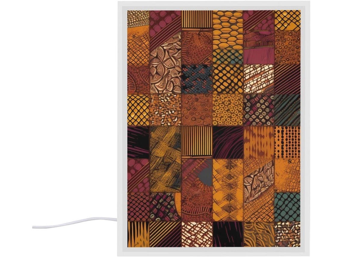 Abajur de mesa com design patchwork em estilo africano para quarto, sala de estar, escrivaninha ou mesa de trabalho.