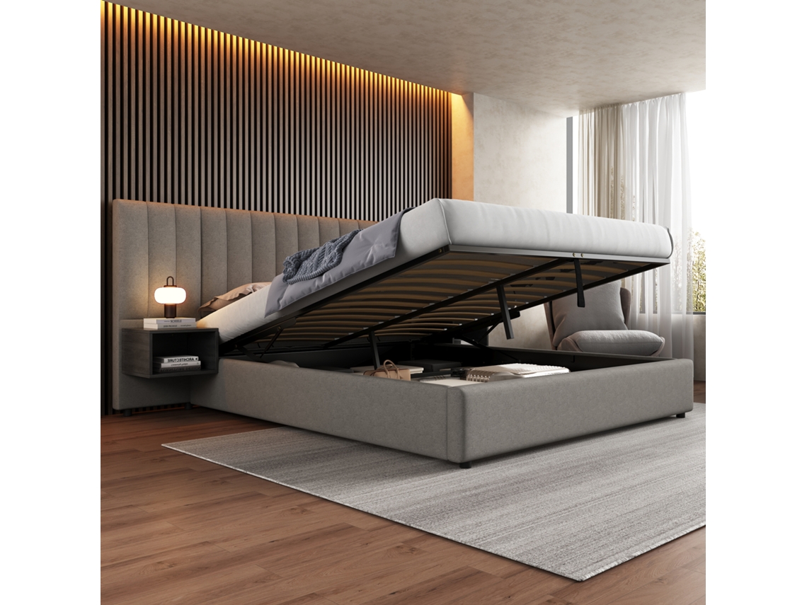 Cama Box Casal 180x200 Cm Cinza Preto Linho Com 2 Mesas De Cabeceira, Baú, Ripas De Madeira