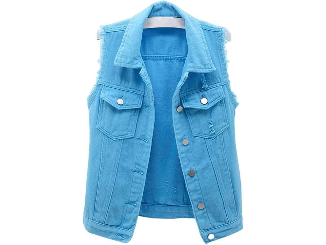 2026 chaleco Vaquero Crop para Mulher Sem Mangas com Botões e Rasgões Casual Primavera Verão Outono Xx grande Céu Azul