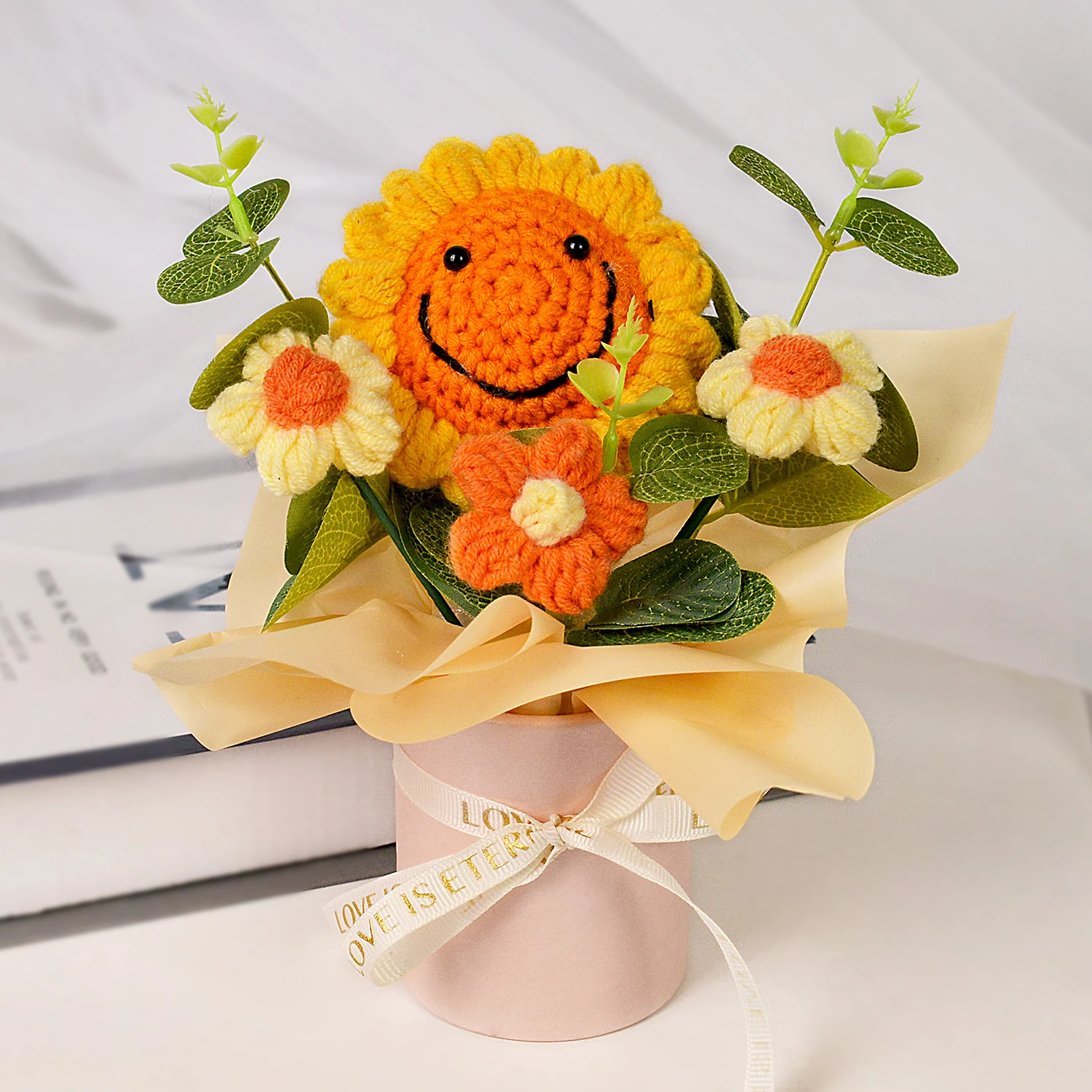 (laranja) Buquê De Girassóis Feito À Mão Em Crochê, Embalagem Para Presente, Ideal Para Presentes E Decoração De Casa.