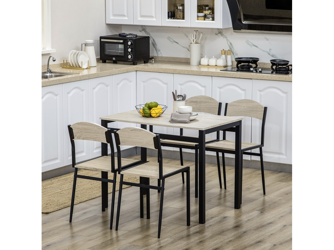 Conjunto E 4 Cadeiras De Aço E Mdf De Jantar Com Mesa Retangular, Preto E Carvalho